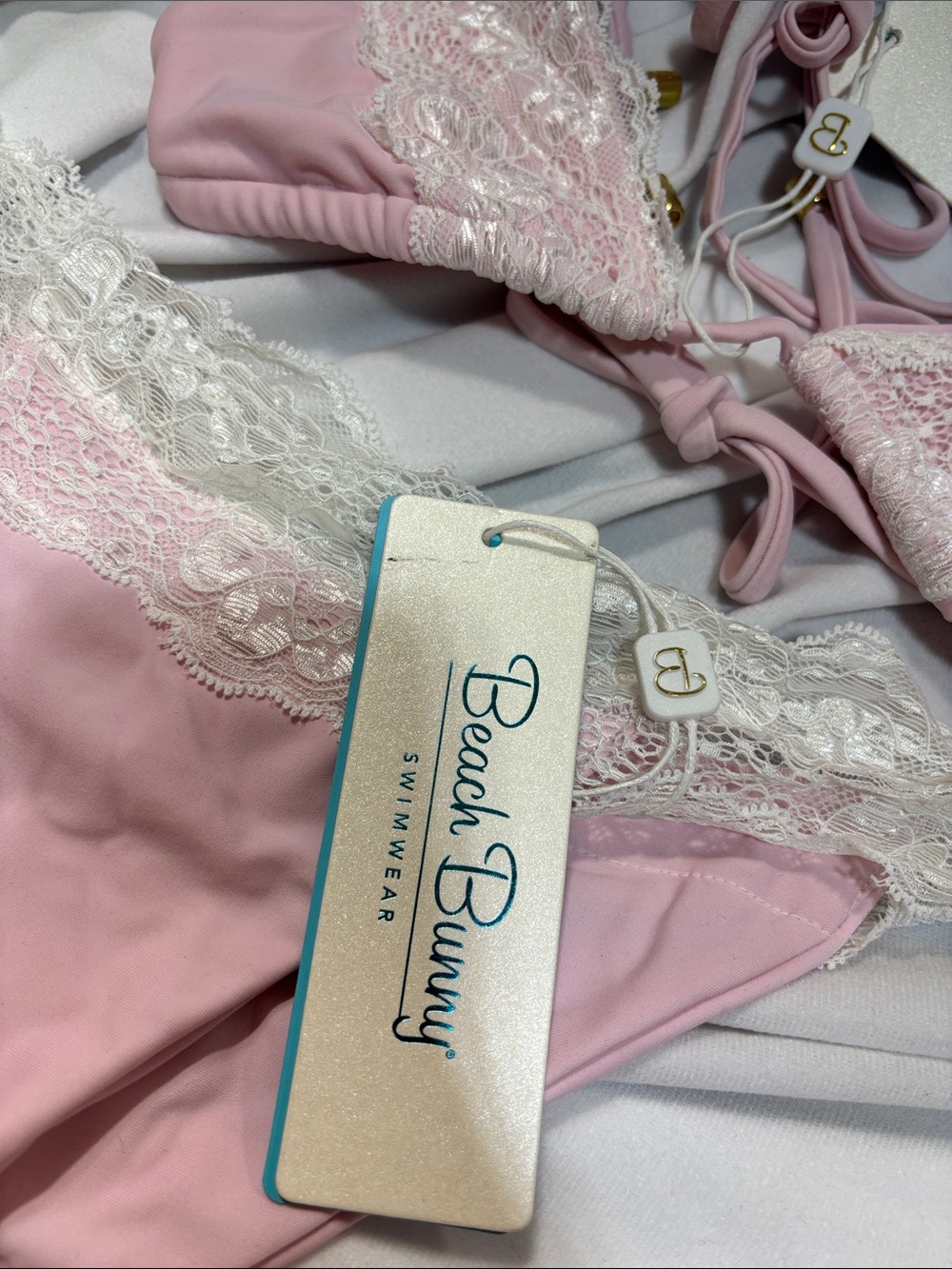 BEACH BUNNY Tri top 2 PIECE BIKINI skimpy LADY LACE SOFT BABY PINK SET NWT S - Picture 6 of 16
